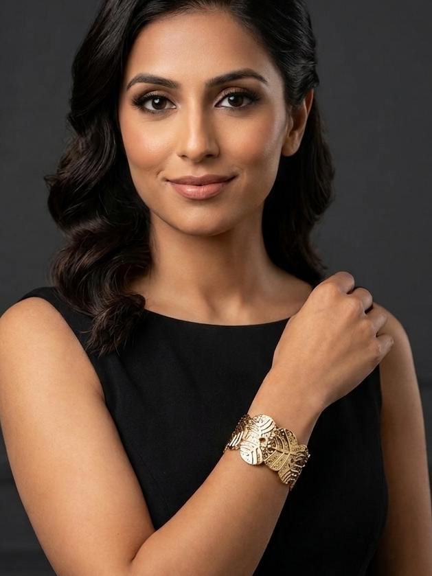 Elegant Leaf Pattern Gold Statement Cuff Bracelet