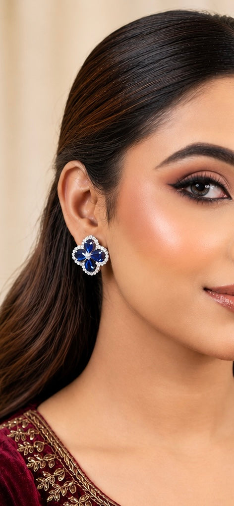 Royal Blue Floral Diamond Stud Earrings