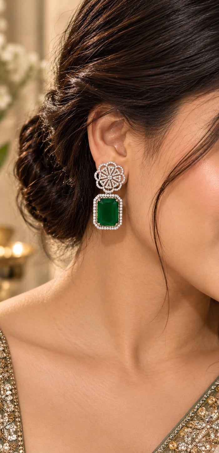 Emerald Bloom Statement Earrings – Luxury Crystal Drop Earrings