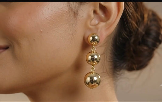 Elegant Triple Ball Glossy Gold Drop Earrings