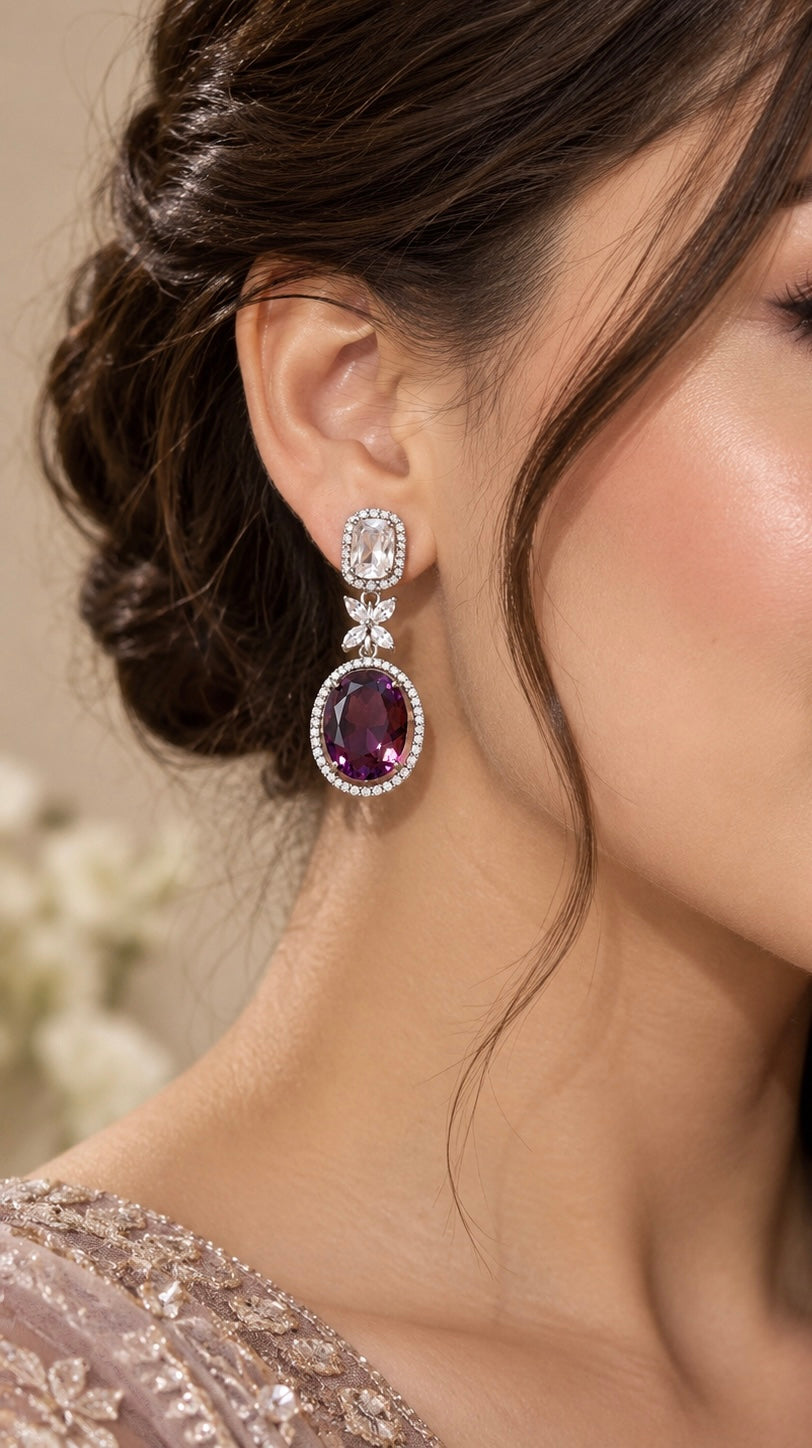 Royal Amethyst Halo Drop Earrings | Luxury Crystal Statement Earrings