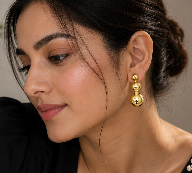 Elegant Triple Ball Glossy Gold Drop Earrings