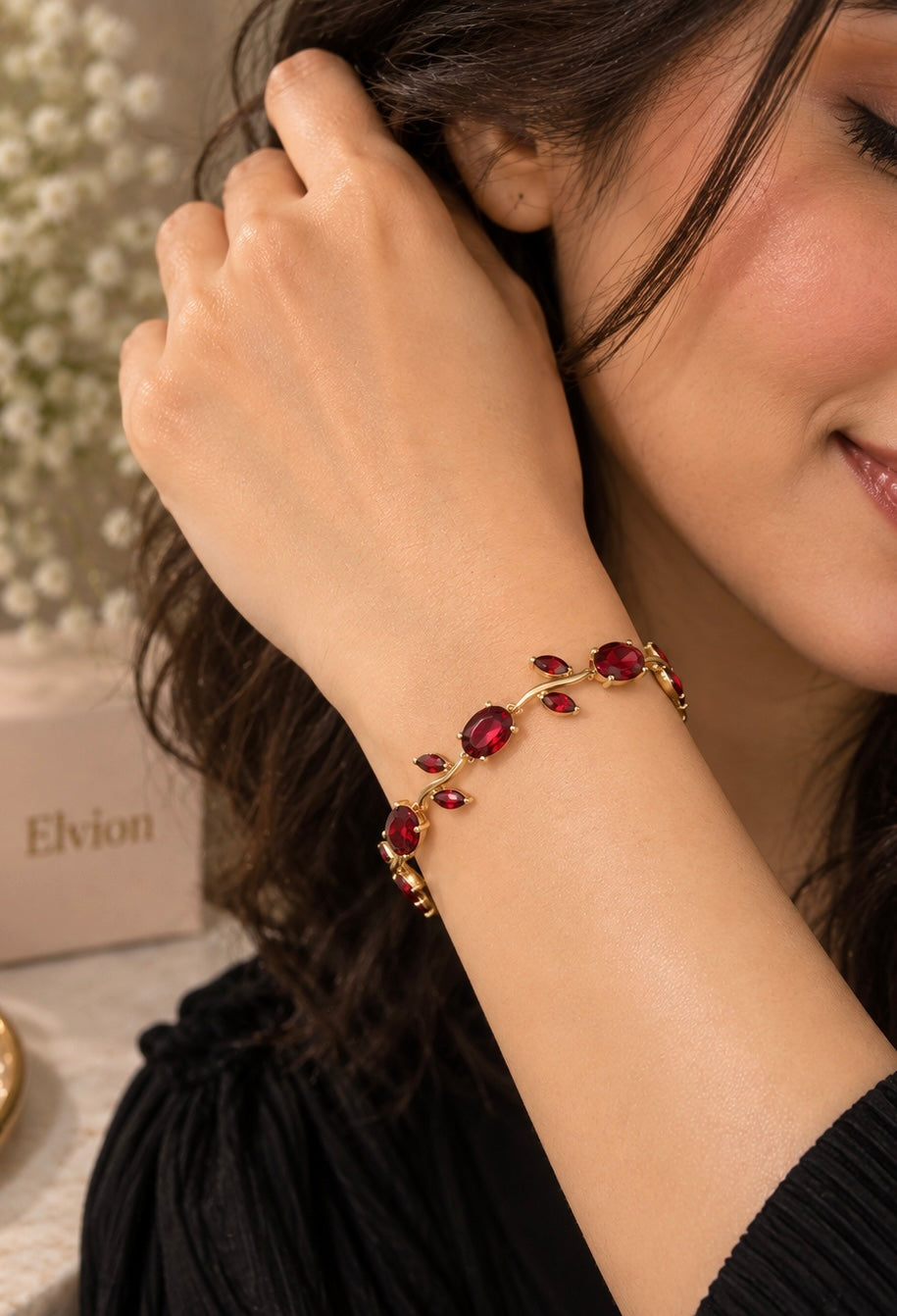 Elvion Ruby Red Vine Bracelet | Gold-Tone Floral Leaf Crystal Bracelet for Women