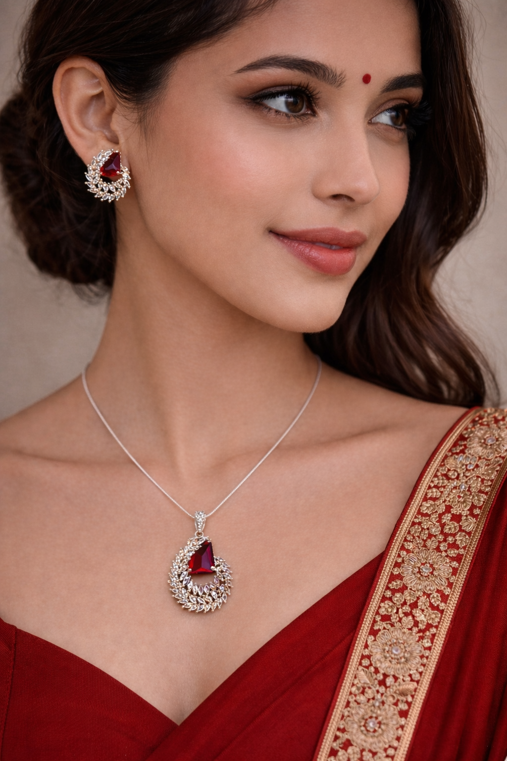 Crimson Royale Pendant Necklace & Earrings Set
