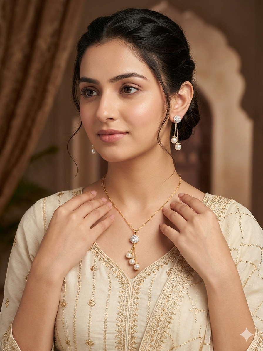 Gold Tone Pearl Drop Pendant Set – Elegant Long Necklace with Matching Earrings