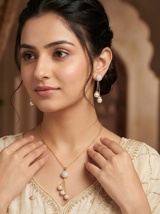 Gold Tone Pearl Drop Pendant Set – Elegant Long Necklace with Matching Earrings