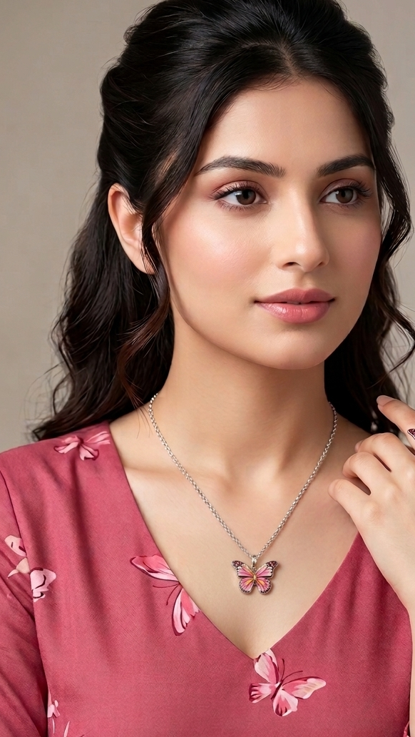 Pink Butterfly Pendant Necklace – Elegant Minimal Crystal Charm
