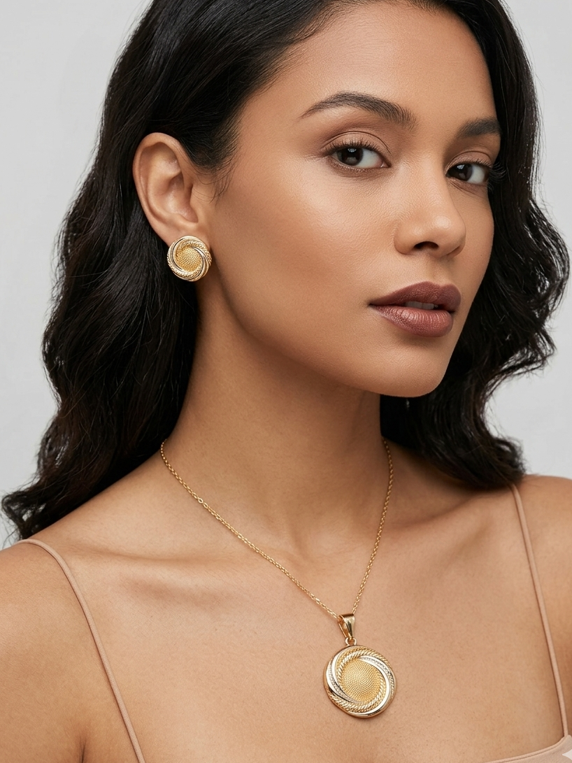 Elegant Textured Gold Pendant & Stud Earrings Set