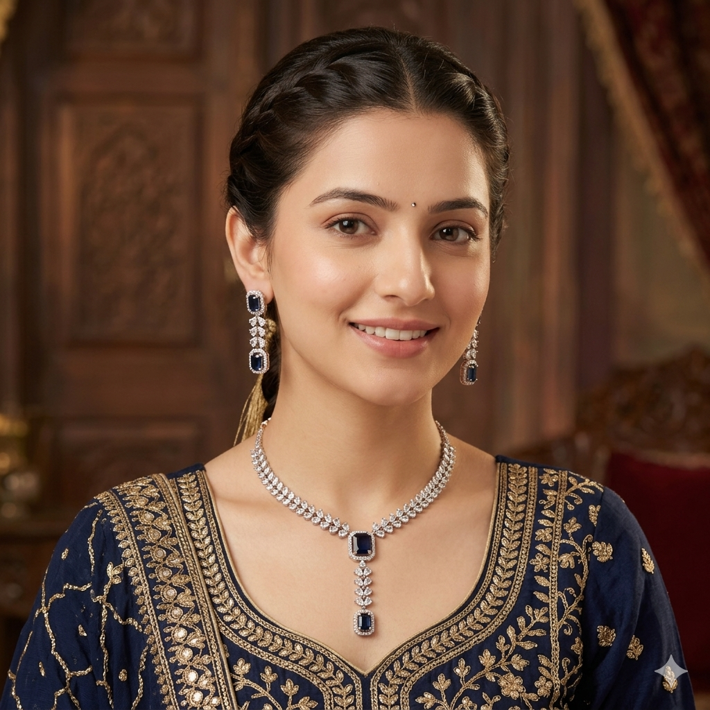 Dark Blue Gem Necklace And Earring Set