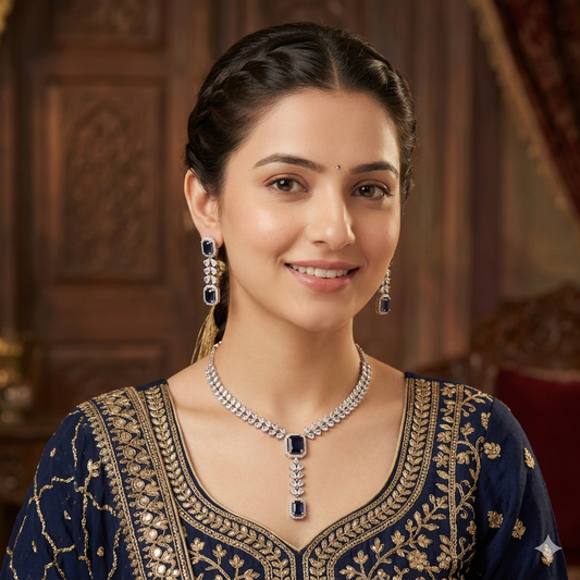 Dark Blue Gem Necklace And Earring Set