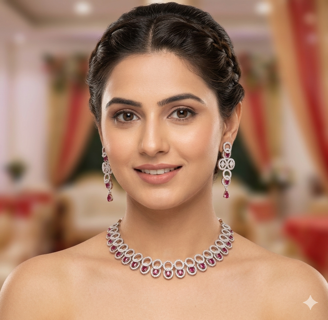 Ruby Royale Diamond-Style Necklace & Earrings Set