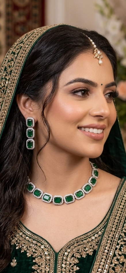 Beautiful american diamond necklace & earring set with rhodium plating