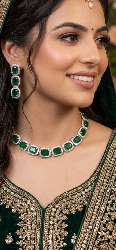 Beautiful american diamond necklace & earring set with rhodium plating