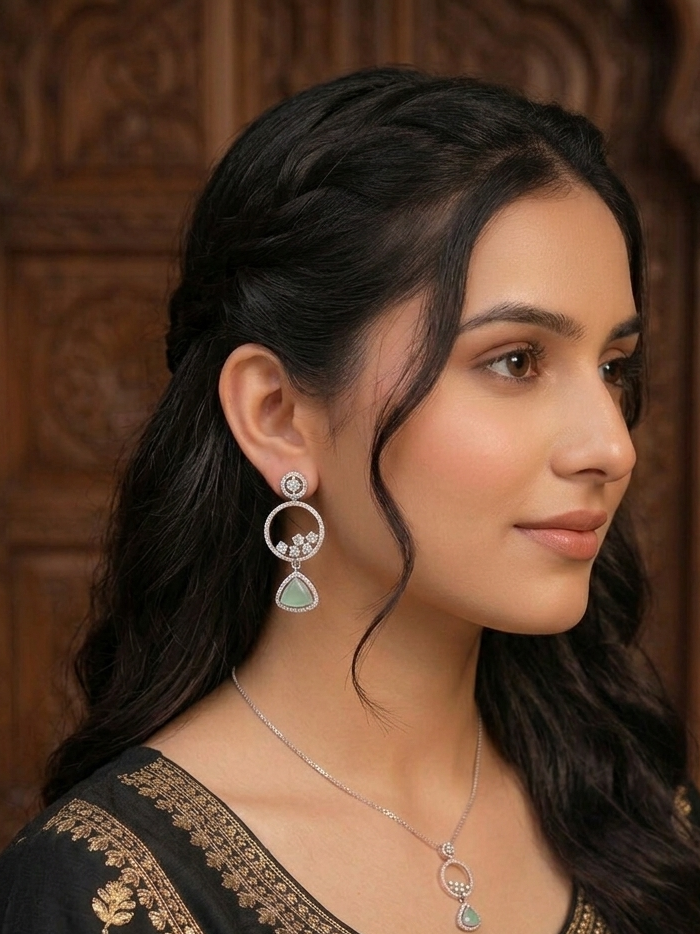 Mint Green Circle Diamond Drop Earrings