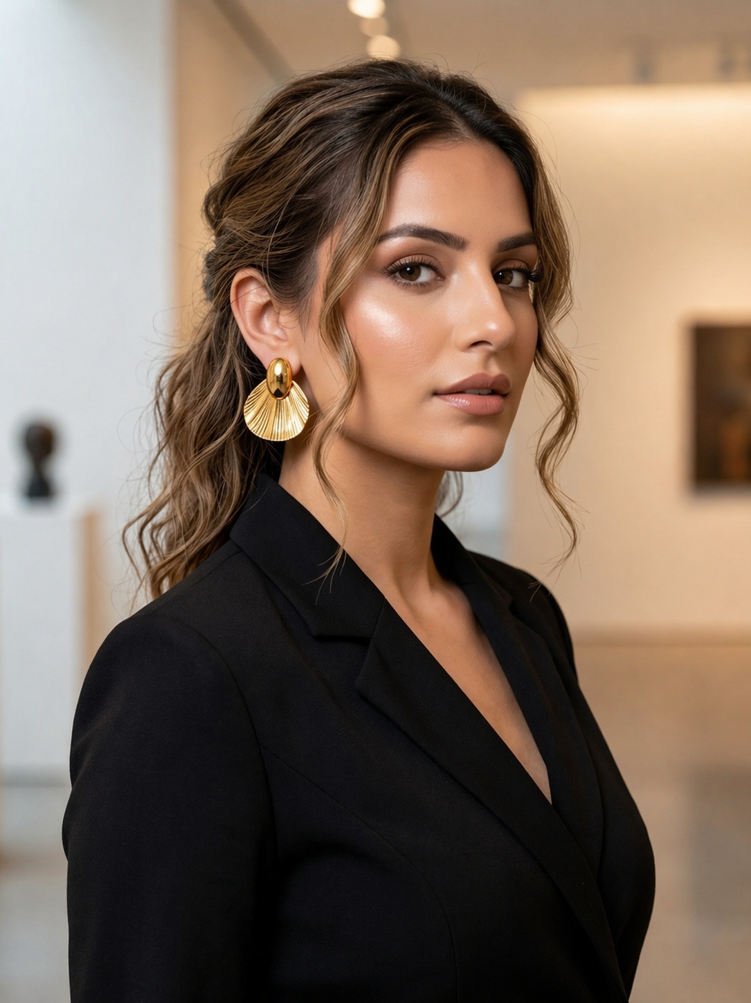 Elegant Textured Gold Fan Drop Earrings