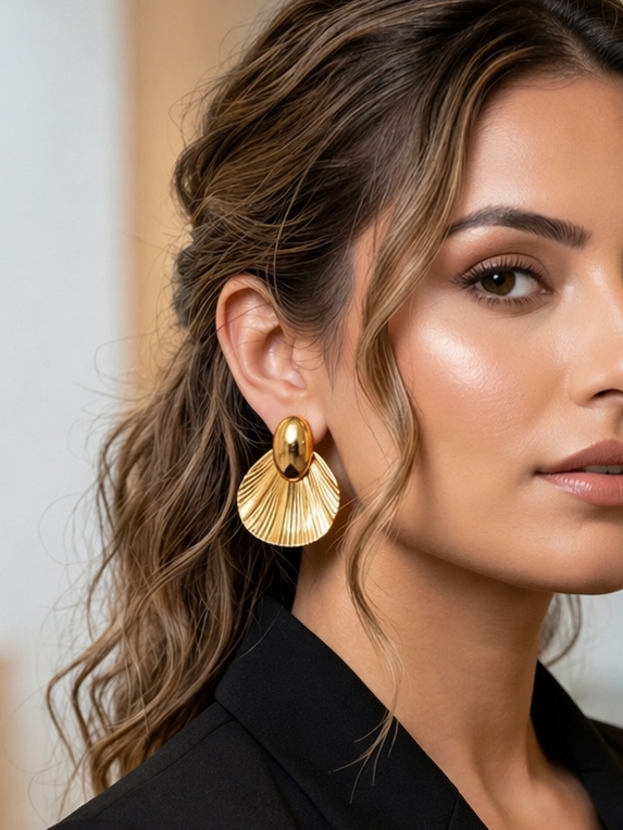 Elegant Textured Gold Fan Drop Earrings