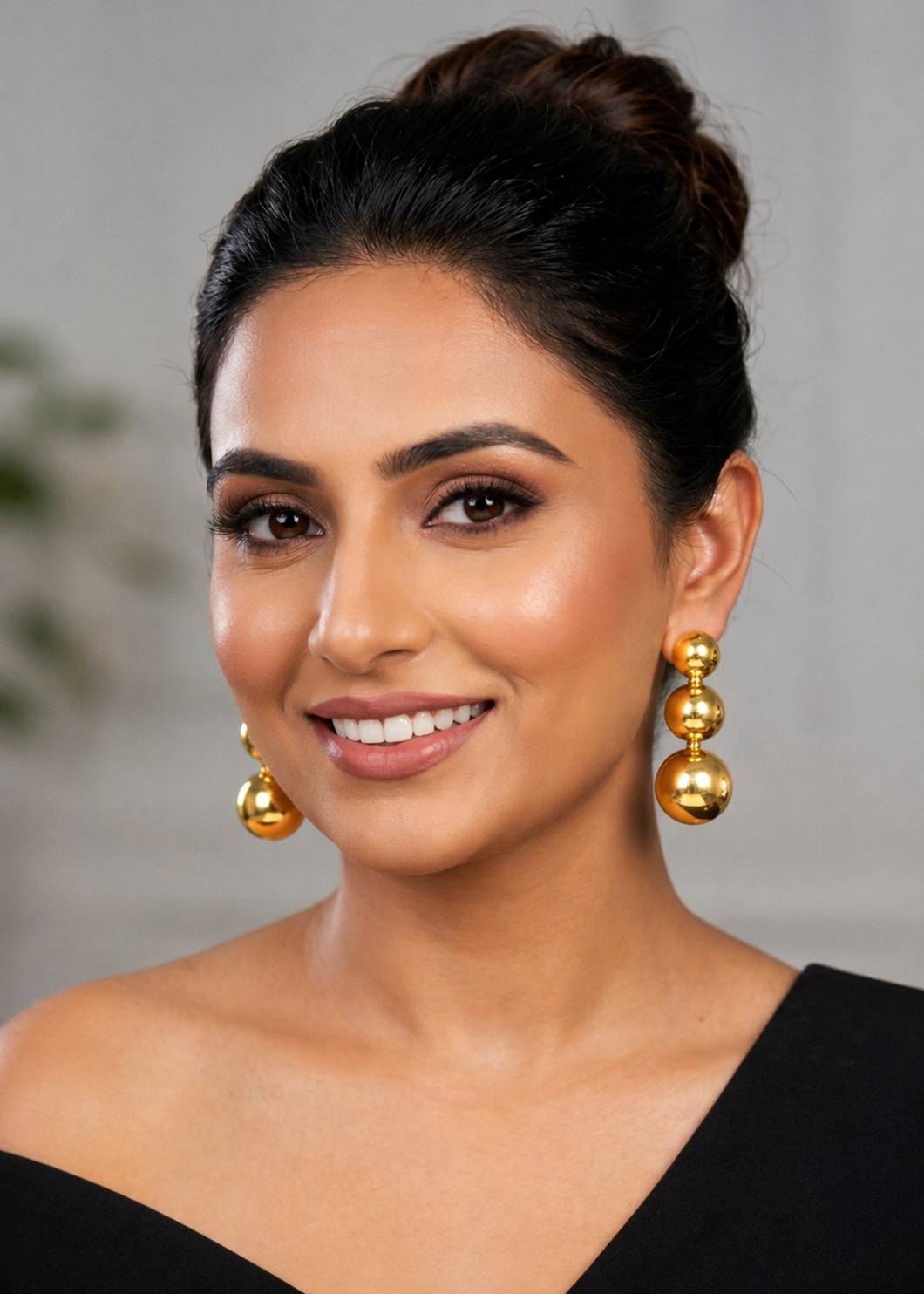Elegant Triple Ball Glossy Gold Drop Earrings