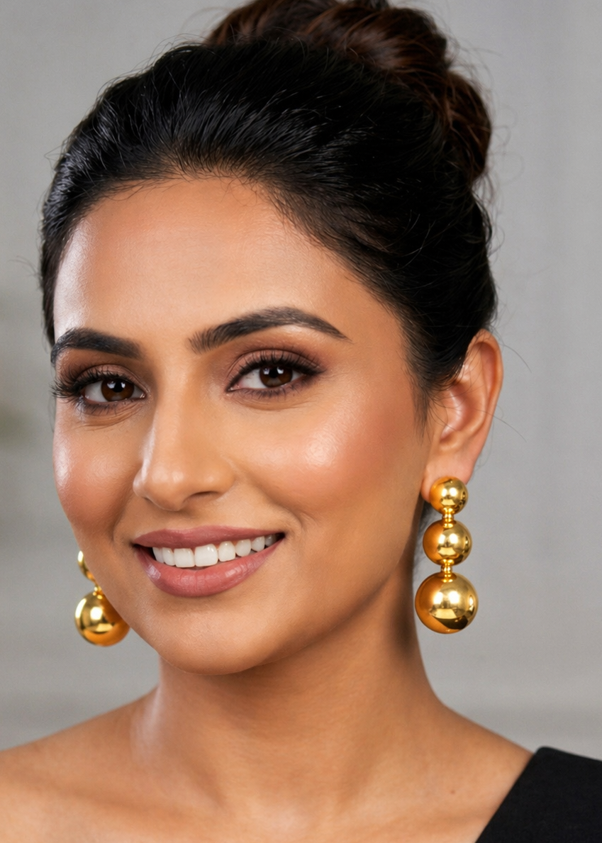 Elegant Triple Ball Glossy Gold Drop Earrings