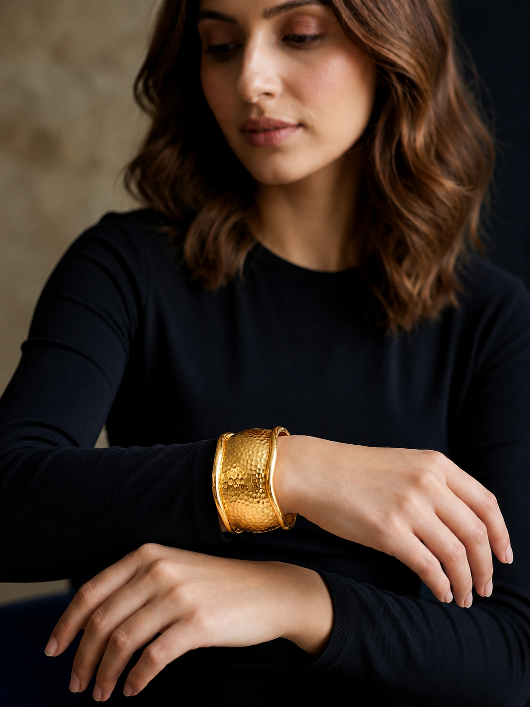 Hammered Gold Wide Cuff Bracelet – Modern Statement Piece