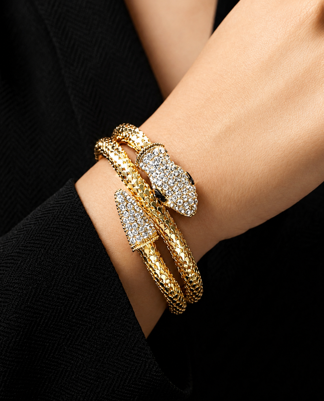 Luxury Serpent-Inspired Gold Crystal Cuff Bracelet