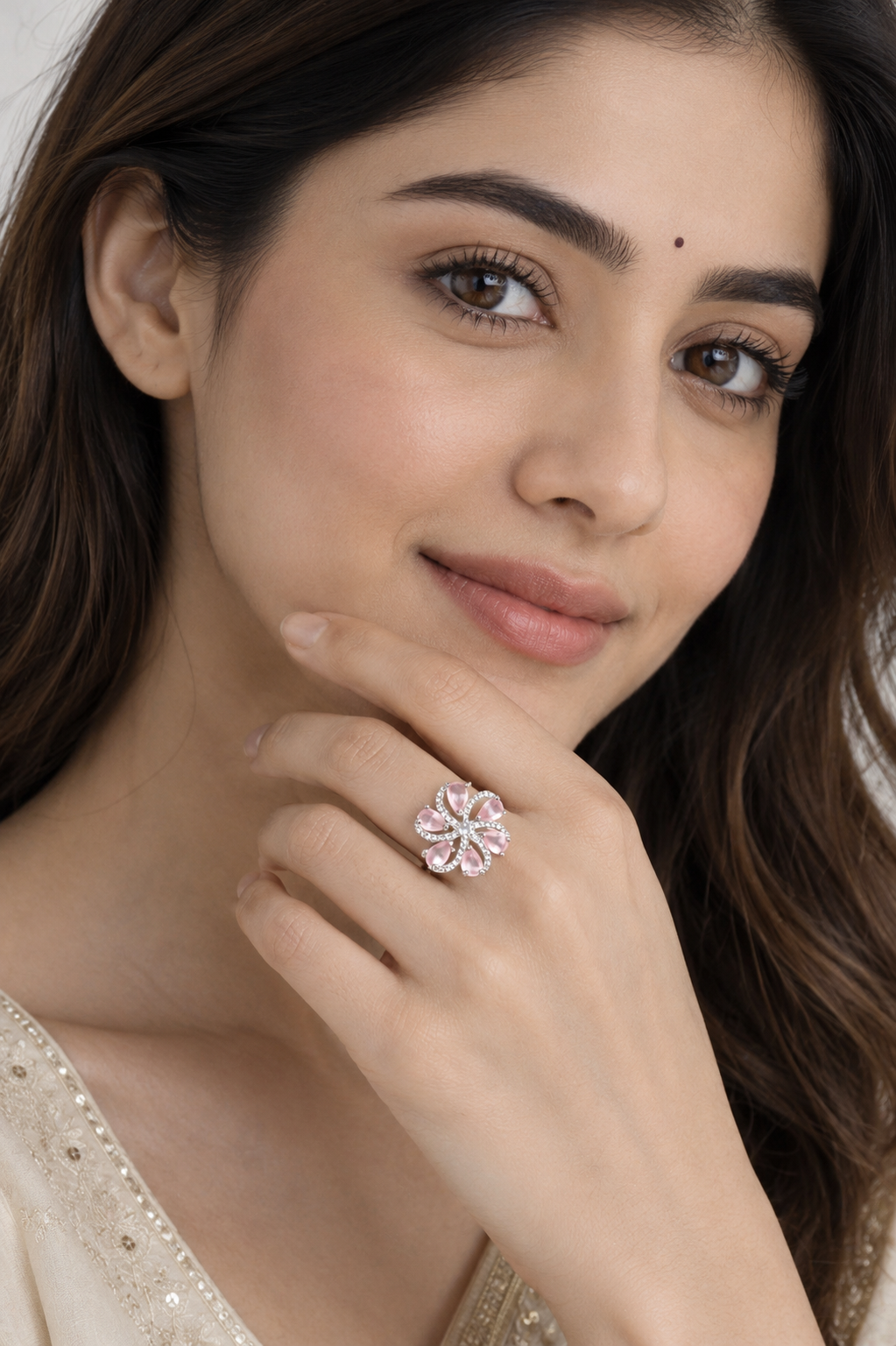 Pink Floral Statement Ring – Silver Tone Blossom Cocktail Ring