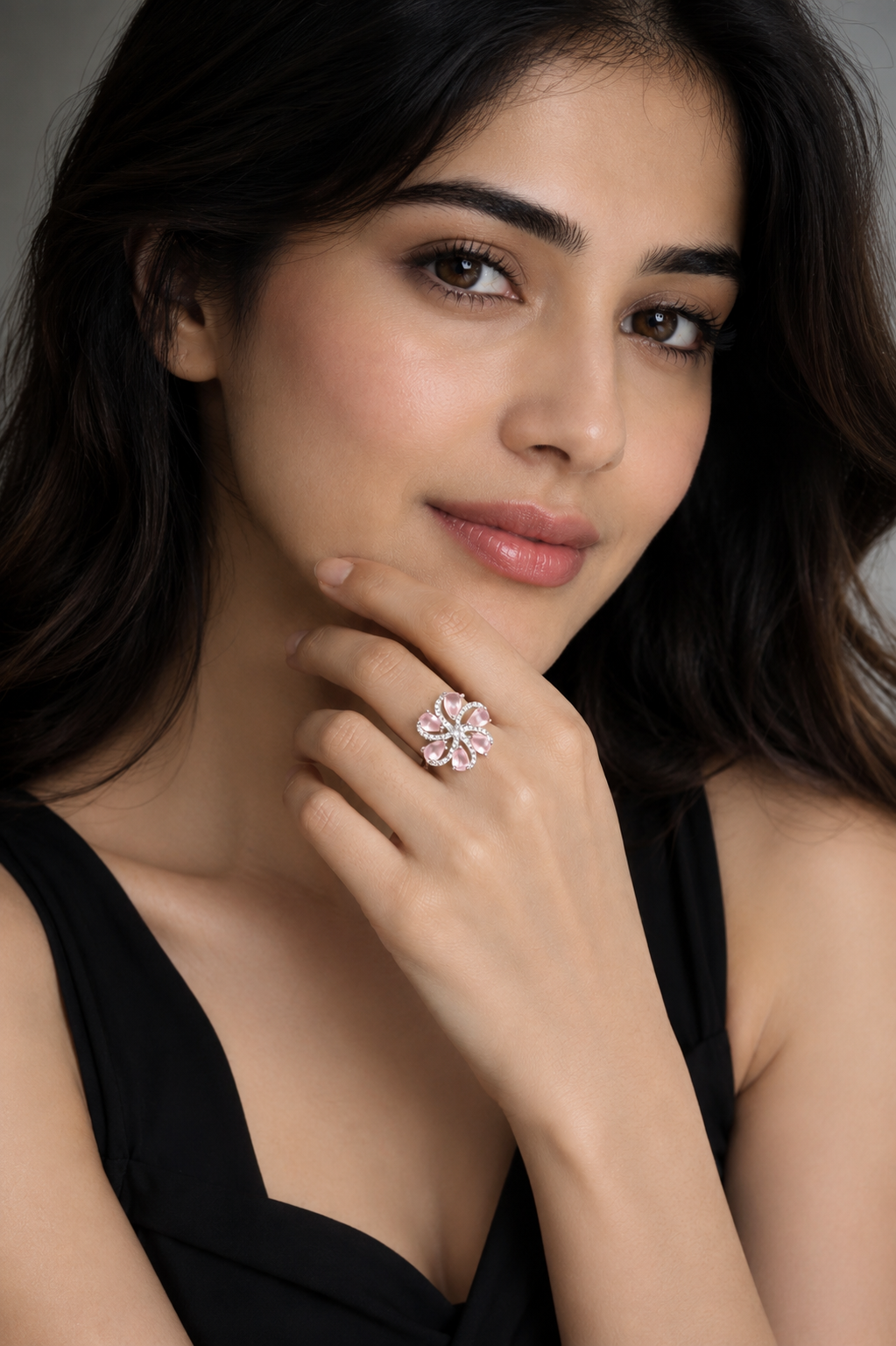 Pink Floral Statement Ring – Silver Tone Blossom Cocktail Ring