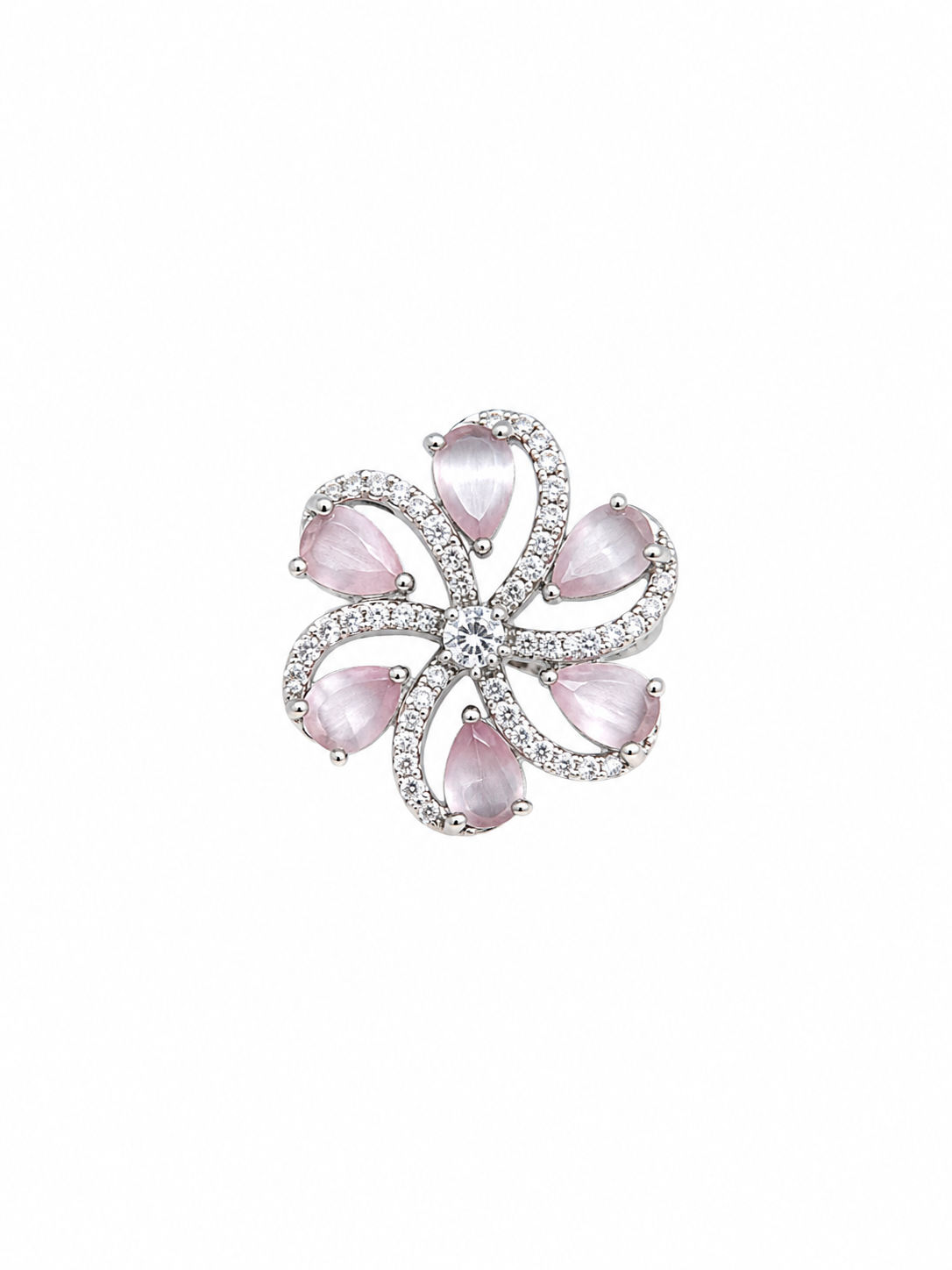 Pink Floral Statement Ring – Silver Tone Blossom Cocktail Ring