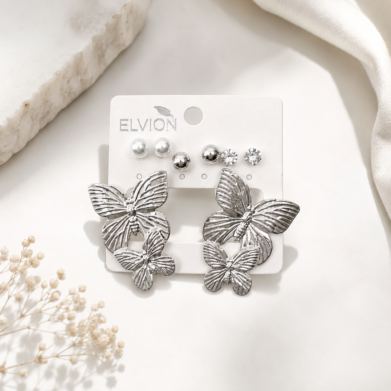 Silver Butterfly Statement Earrings Set – Elegant Charm Collection