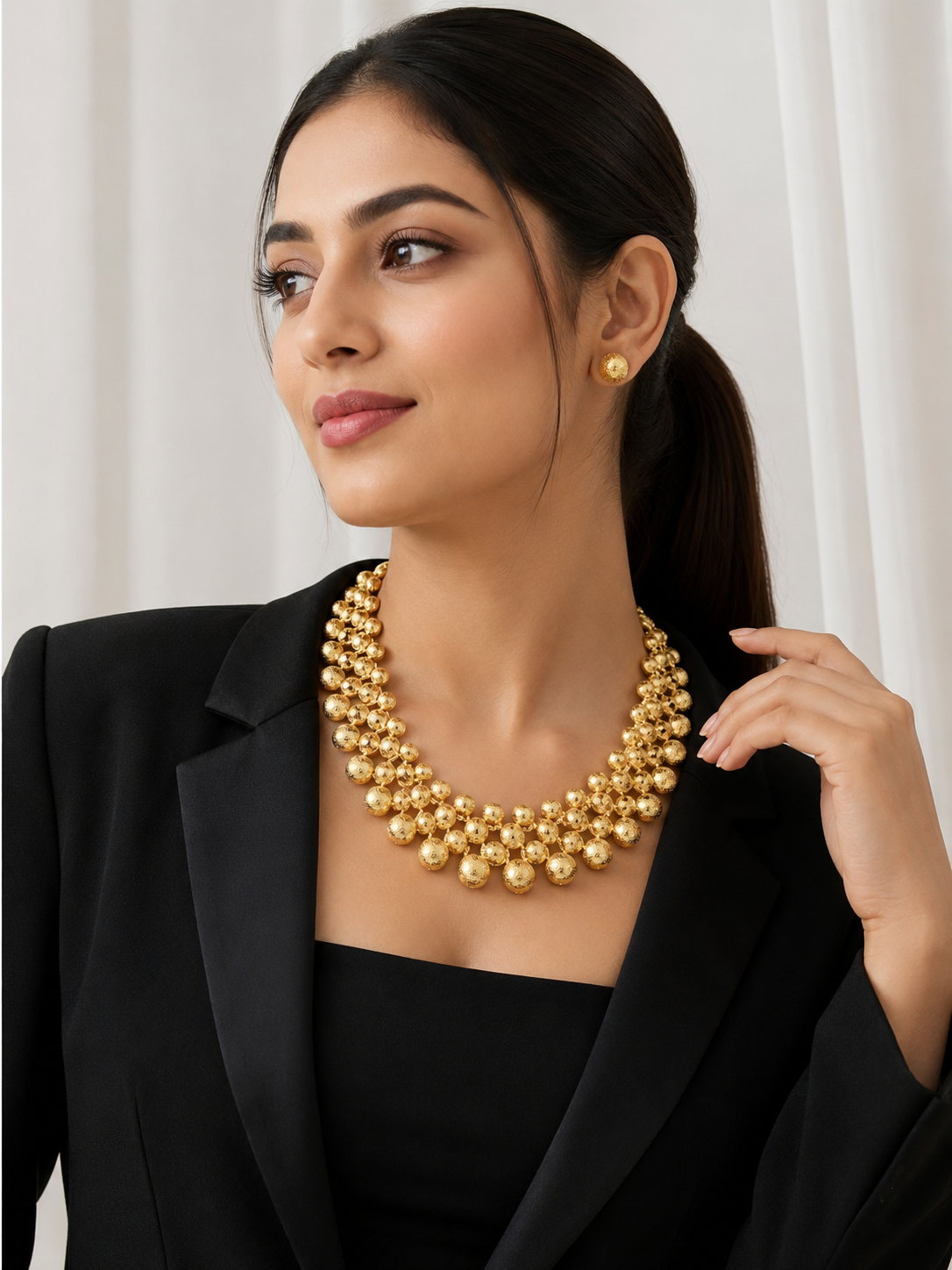 Golden Textured Bead Statement Necklace Set for Women | Anti-Tarnish Gold-Plated Necklace with Stud Earrings | Party & Wedding Jewelry