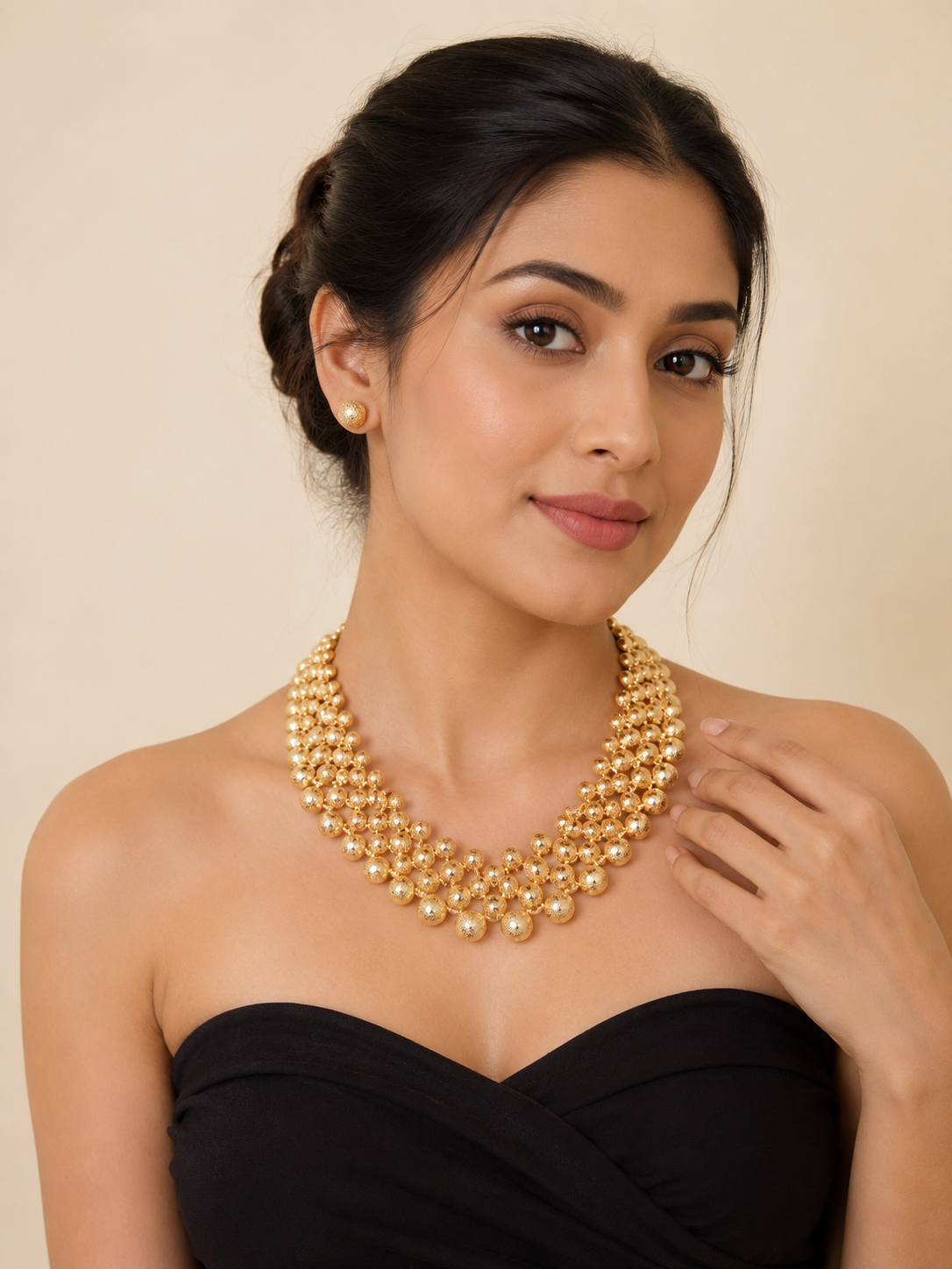 Golden Textured Bead Statement Necklace Set for Women | Anti-Tarnish Gold-Plated Necklace with Stud Earrings | Party & Wedding Jewelry