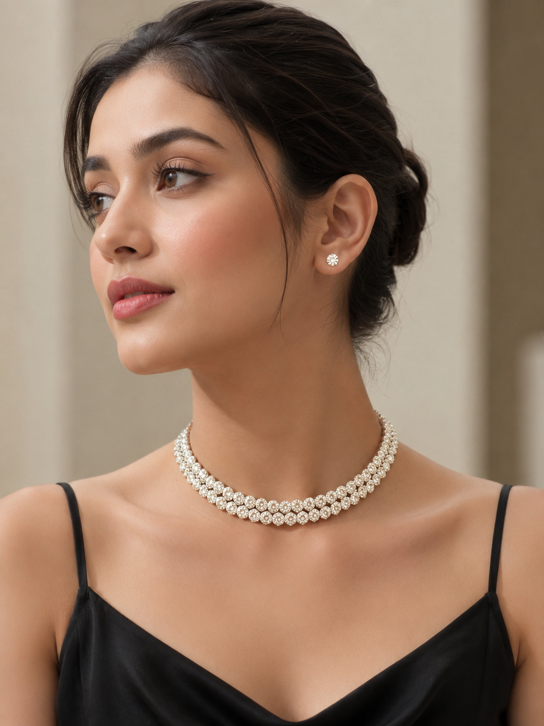 Luxury Double Row Crystal Choker Necklace Set with Stud Earrings | Silver Finish | Party & Wedding Jewelry for Women