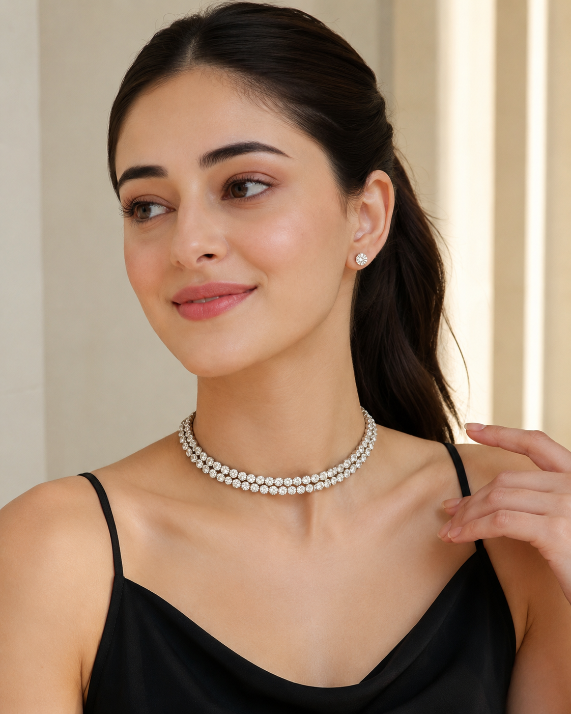 Luxury Double Row Crystal Choker Necklace Set with Stud Earrings | Silver Finish | Party & Wedding Jewelry for Women
