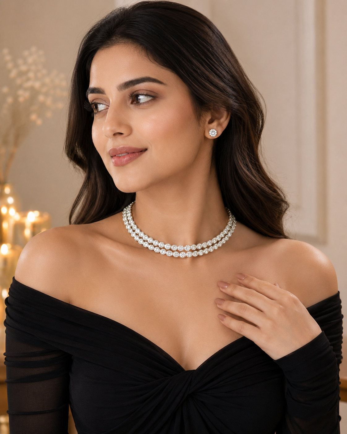 Luxury Double Row Crystal Choker Necklace Set with Stud Earrings | Silver Finish | Party & Wedding Jewelry for Women