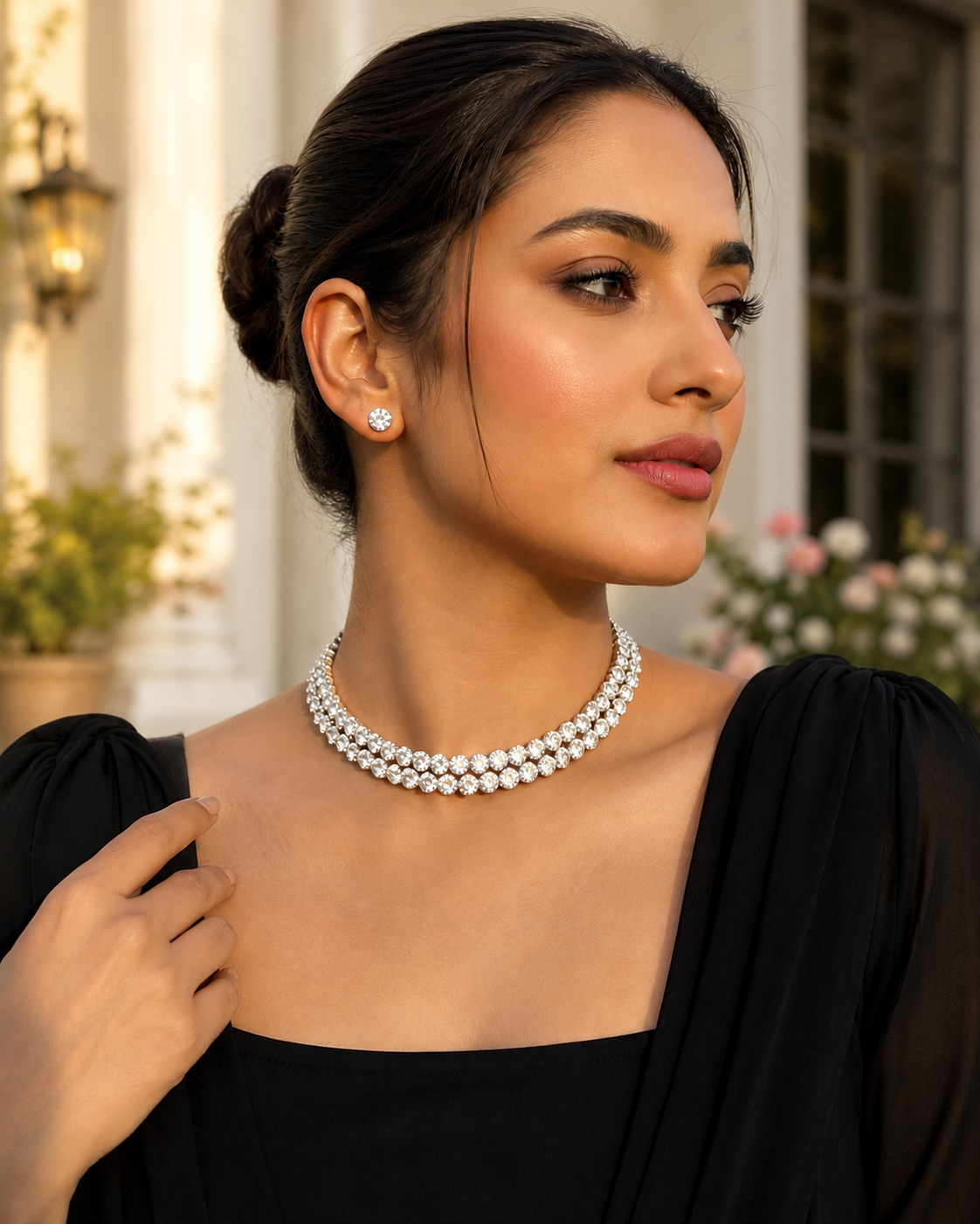 Luxury Double Row Crystal Choker Necklace Set with Stud Earrings | Silver Finish | Party & Wedding Jewelry for Women