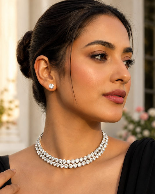 Luxury Double Row Crystal Choker Necklace Set with Stud Earrings | Silver Finish | Party & Wedding Jewelry for Women