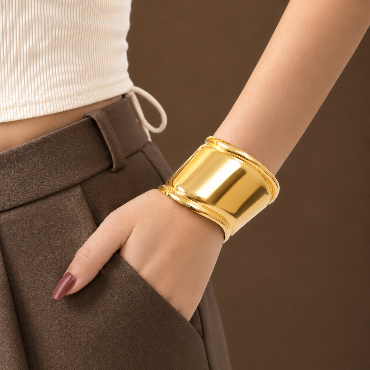 Golden Sculpted Statement Cuff Bracelet for Women | Mirror Finish | Luxury Fashion Jewelry