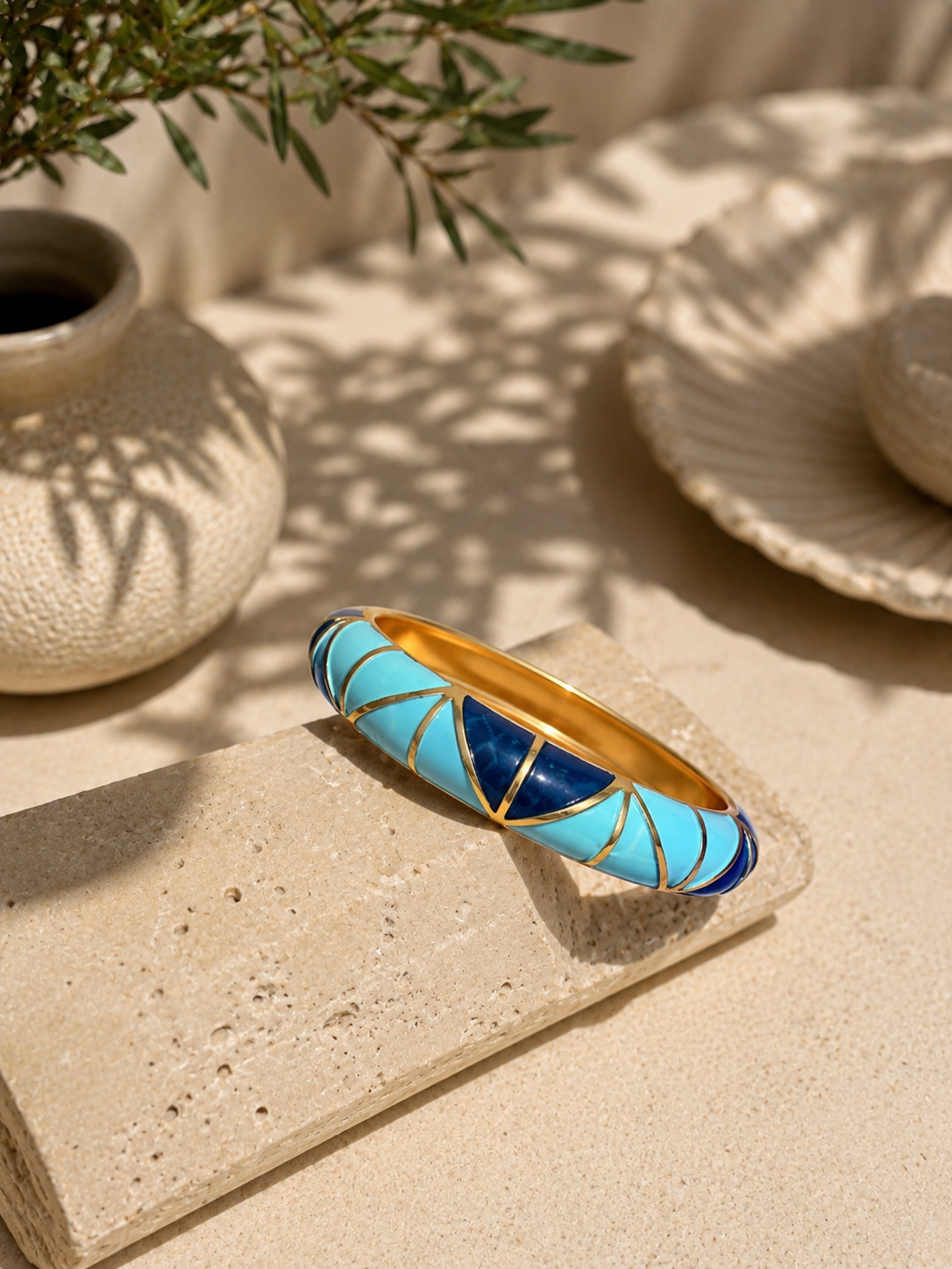 Elvion Turquoise & Navy Geometric Enamel Bangle Bracelet | Gold-Tone Statement Cuff for Women