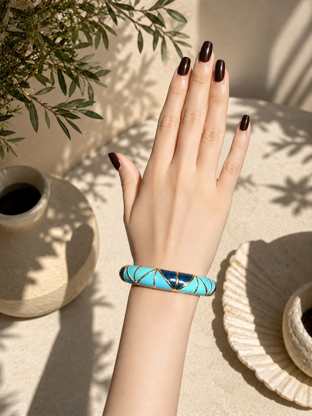 Elvion Turquoise & Navy Geometric Enamel Bangle Bracelet | Gold-Tone Statement Cuff for Women