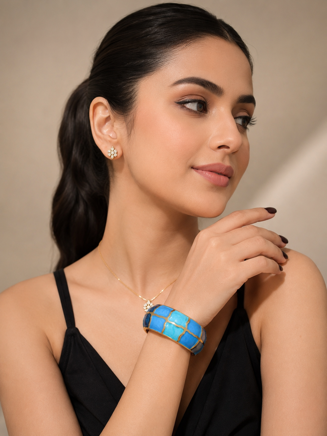 Elvion Ocean Mosaic Statement Cuff Bracelet – Blue Enamel Gold-Tone Wide Bangle