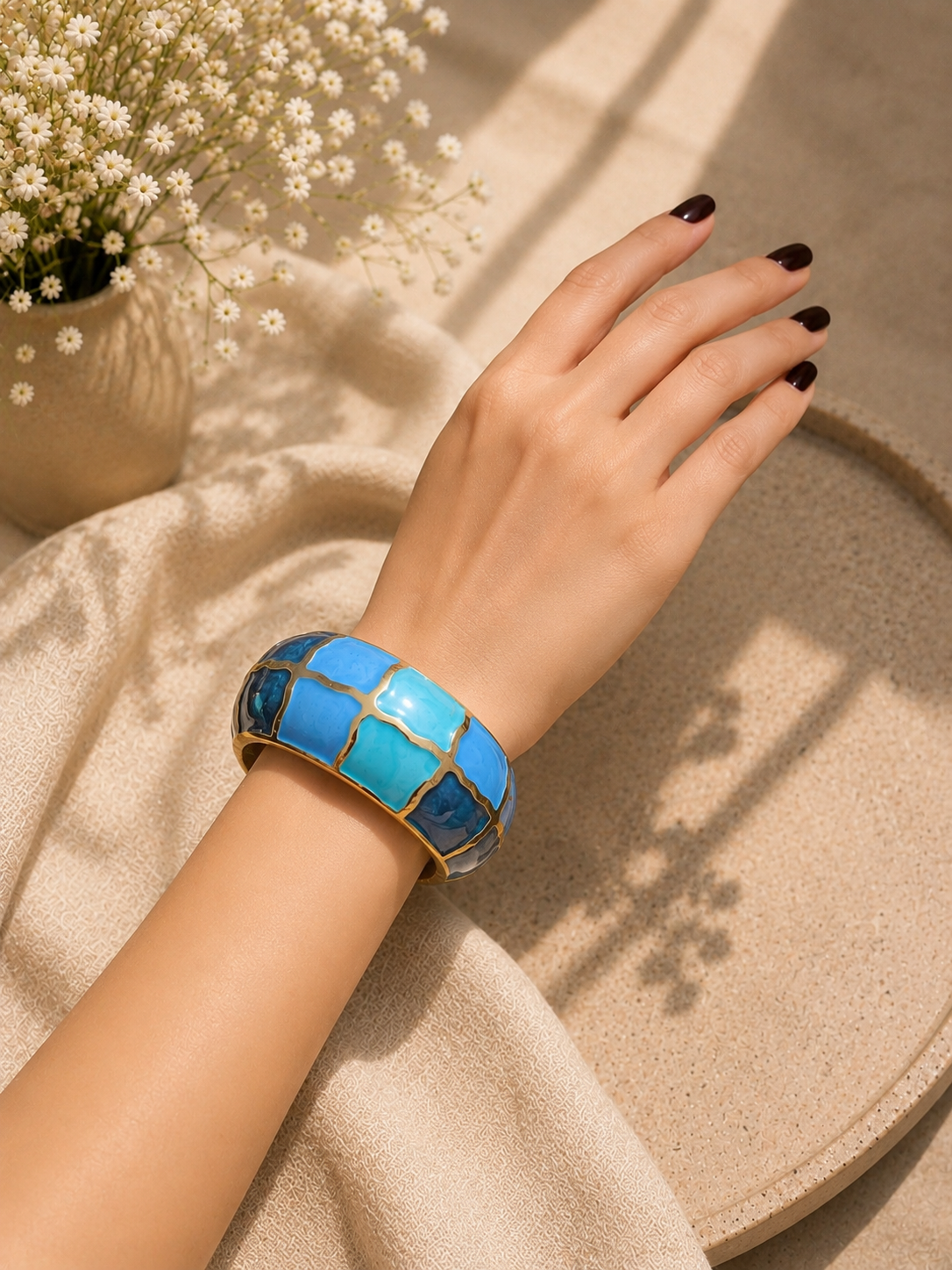 Elvion Ocean Mosaic Statement Cuff Bracelet – Blue Enamel Gold-Tone Wide Bangle
