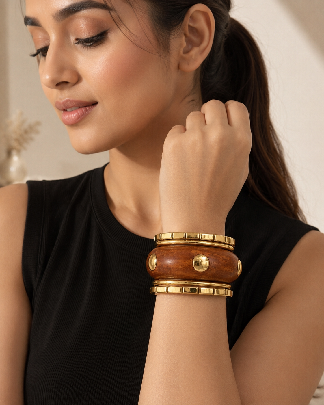 Boho Luxe Wooden Gold Bracelet Stack | Statement Cuff for Women