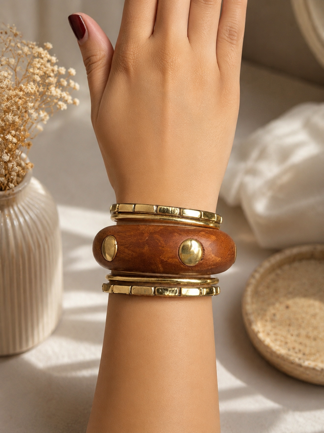 Boho Luxe Wooden Gold Bracelet Stack | Statement Cuff for Women