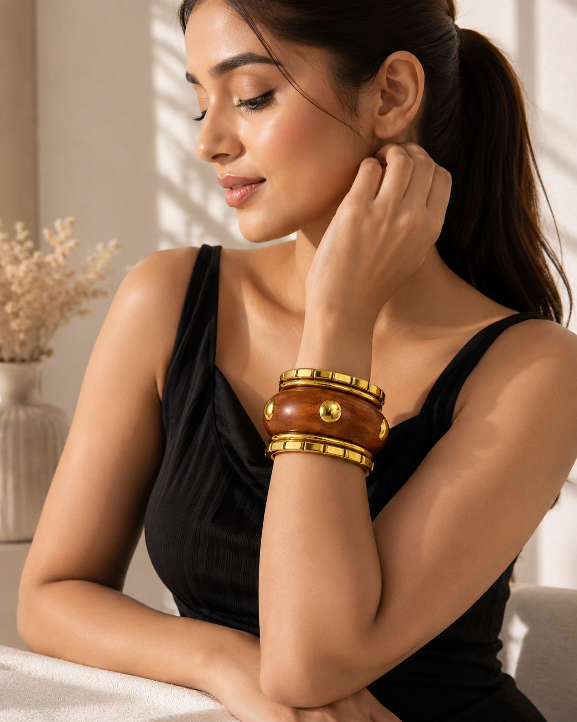 Boho Luxe Wooden Gold Bracelet Stack | Statement Cuff for Women