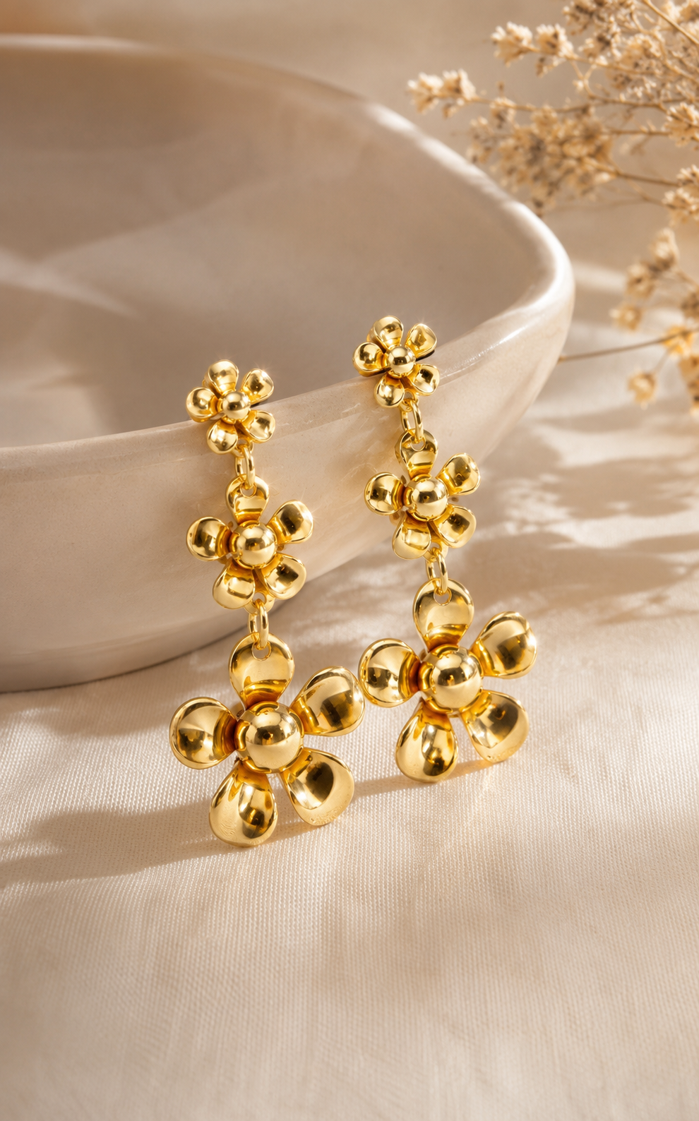 Golden Bloom Triple Flower Drop Earrings – Anti-Tarnish Statement Earrings