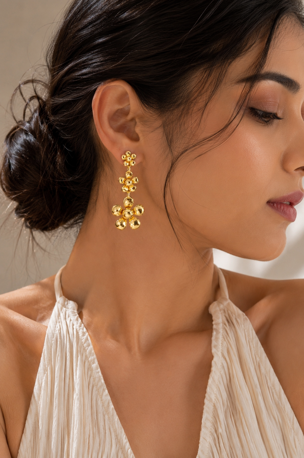Golden Bloom Triple Flower Drop Earrings – Anti-Tarnish Statement Earrings