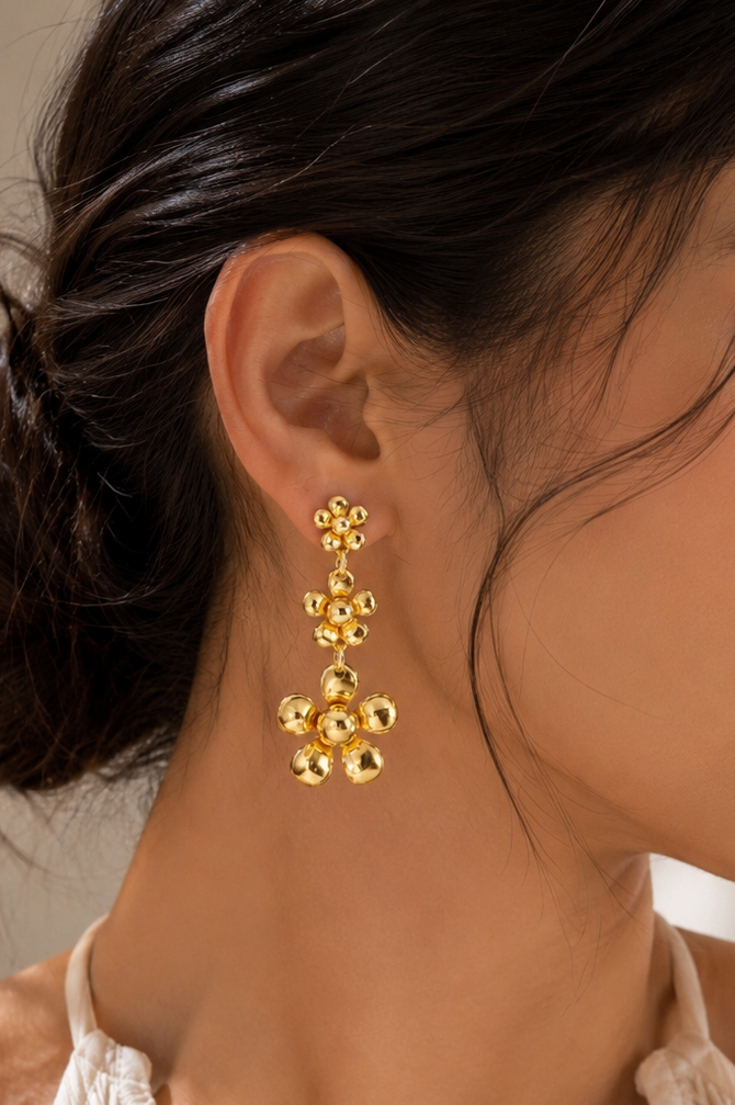Golden Bloom Triple Flower Drop Earrings – Anti-Tarnish Statement Earrings