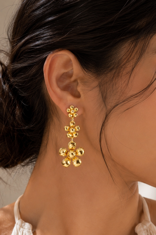 Golden Bloom Triple Flower Drop Earrings – Anti-Tarnish Statement Earrings