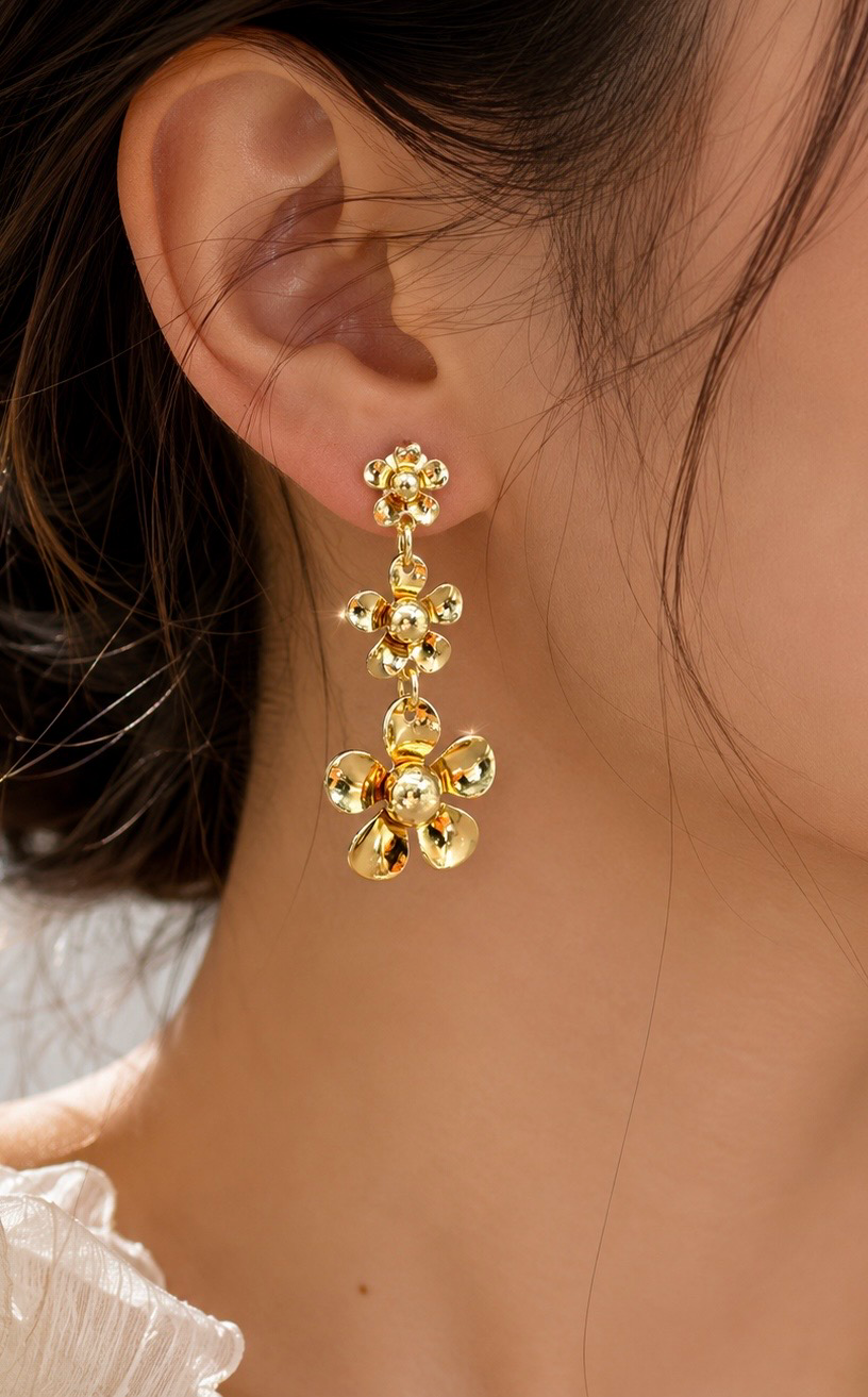 Golden Bloom Triple Flower Drop Earrings – Anti-Tarnish Statement Earrings