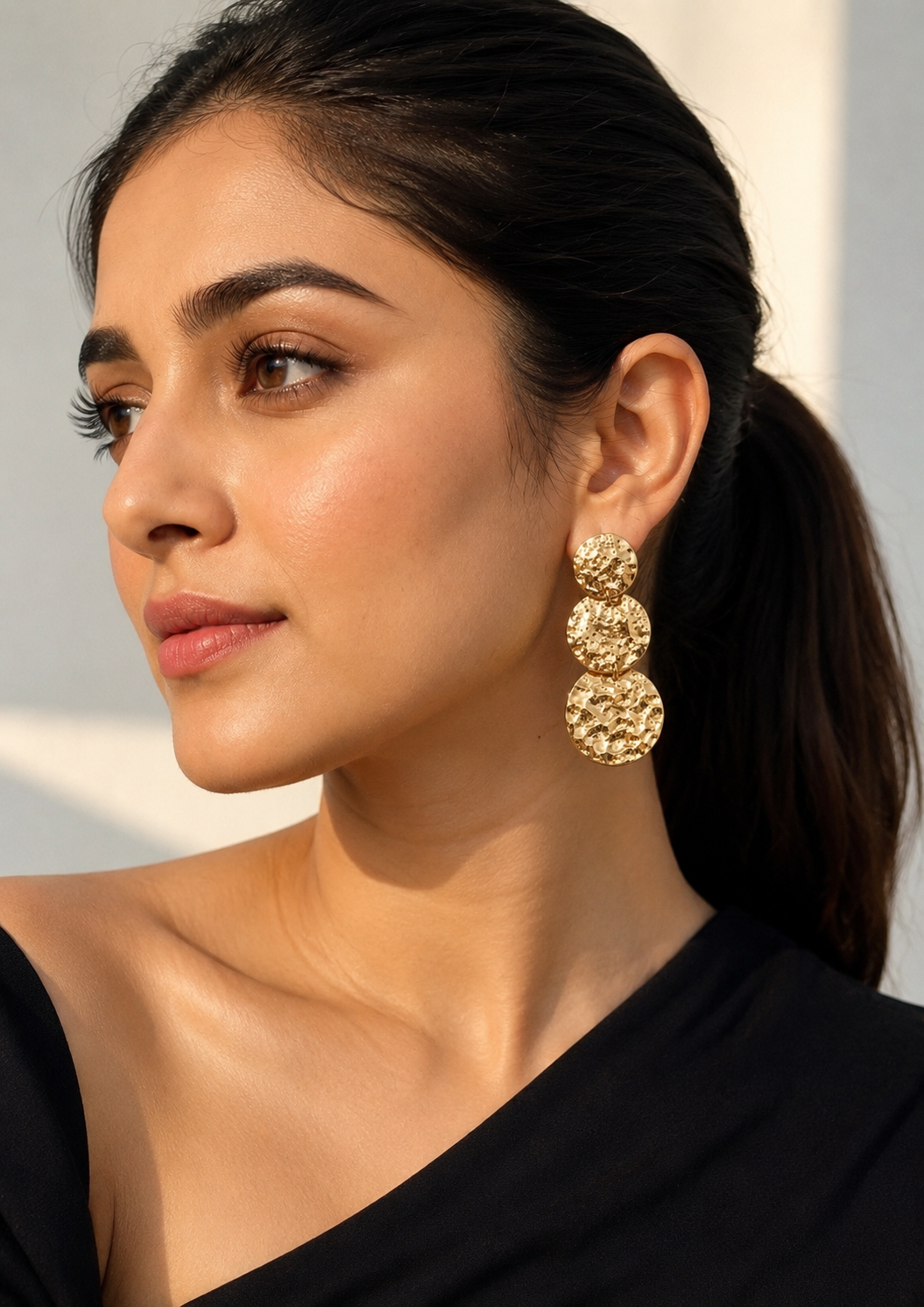 Celeste Hammered Triple Disc Statement Earrings – Gold Finish