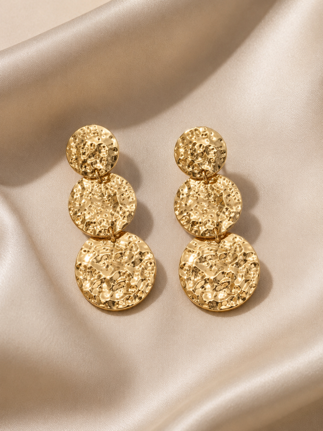 Celeste Hammered Triple Disc Statement Earrings – Gold Finish